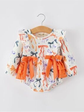Rylee Faith Fall Bow Print Girls Romper Ruffle Bow Long Sleeve